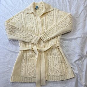 Vintage 70s LeRoy Cream Cable Knit Women's Wrap Sweater